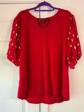 Louise Paris 3X Red Puff-sheer Sleeve Blouse with Gold Dot Accents